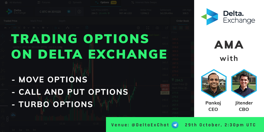 Delta_Exchange's tweet photo. 🎙️ Announcing our first AMA session with @pankaj_delta_ex &amp; @TweetOfTheTokas

Learn &amp; discuss about Trading Options on Delta.

❓ Submit your questions to us here regarding Crypto Options using #AskDelta

Join us:
💬 Telegram: https://t.co/CfH7QpsXt4 
🗓️ 2:30pm UTC, 29th October. https://t.co/Z1De4TzrL2