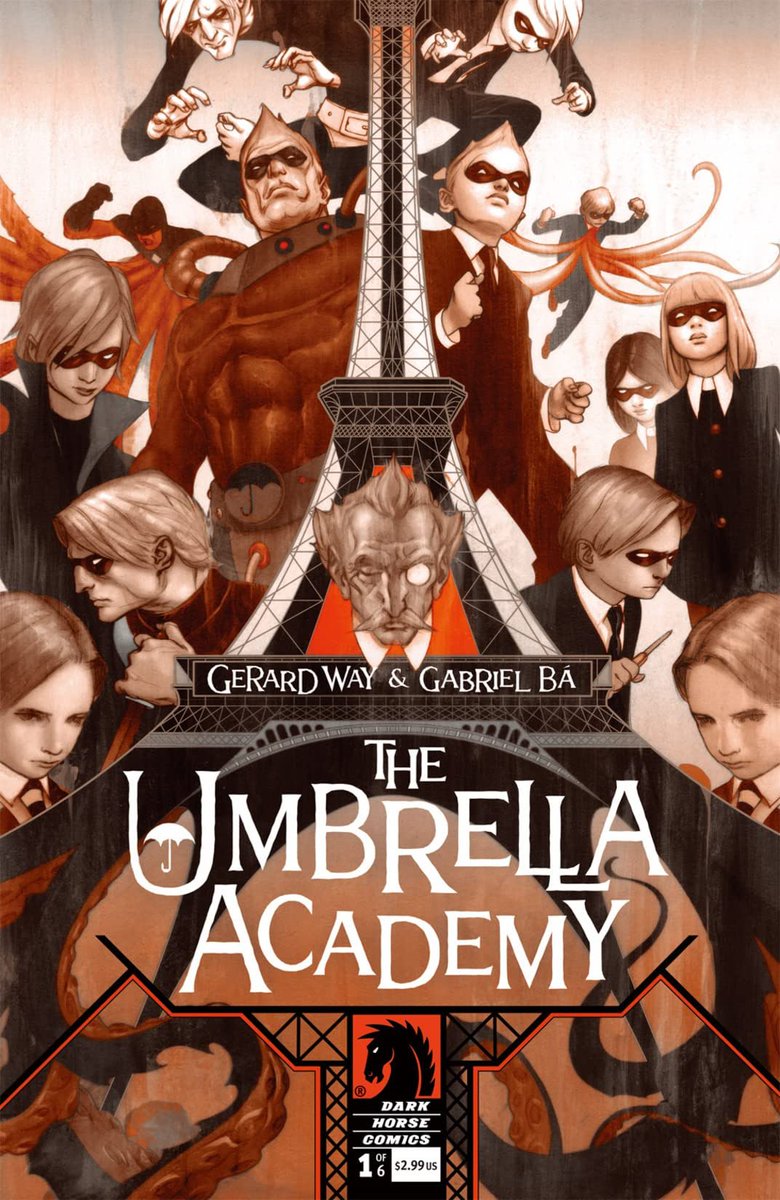 PART 1: TUA: APOCALYPSEthe umbrella academy was gerard's first foray into publishing comics under his own name. he collaborated on it with artist gabriel ba. it was six issues, running from 2007-2008. it is a satire of ensemble team hero comics, such as x-men.