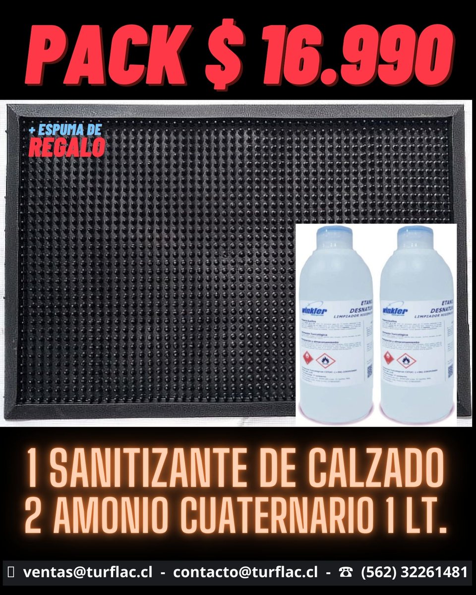 turflac's tweet photo. ¡¡¡ OFERTA APROBADA !!!
1 SANITIZANTE DE CALZADO 55 x 50 cm. (Caucho de Alta densidad)
2 AMONIO CUATERNARIO 1 lt.
1 Espuma de secado gratis

Teléfono (562) 3226 14 81
Teléfono móvil (569) 9160 8776 - 5224 8427
ventas@turflac.cl - contacto@turflac.cl https://t.co/O3SOVAJRnb