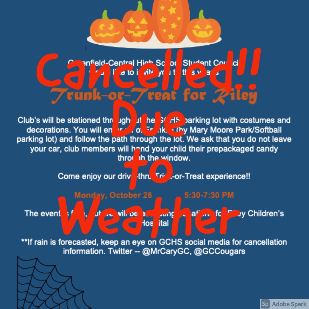 HarrisElem_Prin's tweet photo. Due to the weather forecast, the High School is cancelling the Trick-or-Treat for Riley event this evening. https://t.co/NKgUKjB1Hp