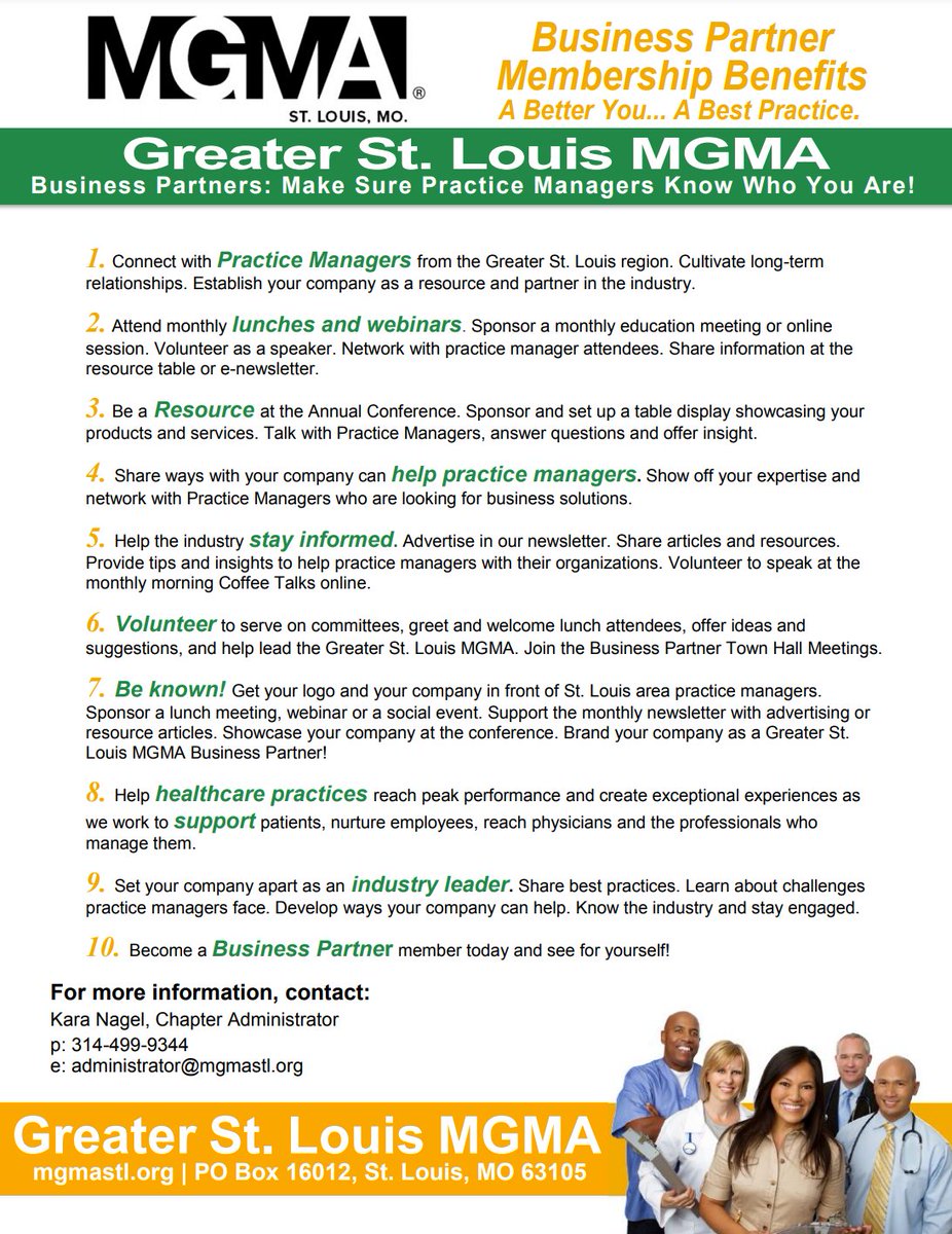 Joining Greater St. Louis MGMA will give you the tools you need to make lasting relationships with Project Managers in the area. If you aren't a member yet, read a few of the membership benefits below and join! #MGMASTL 

Visit ow.ly/TNQV50C1KT3 to learn more and register!