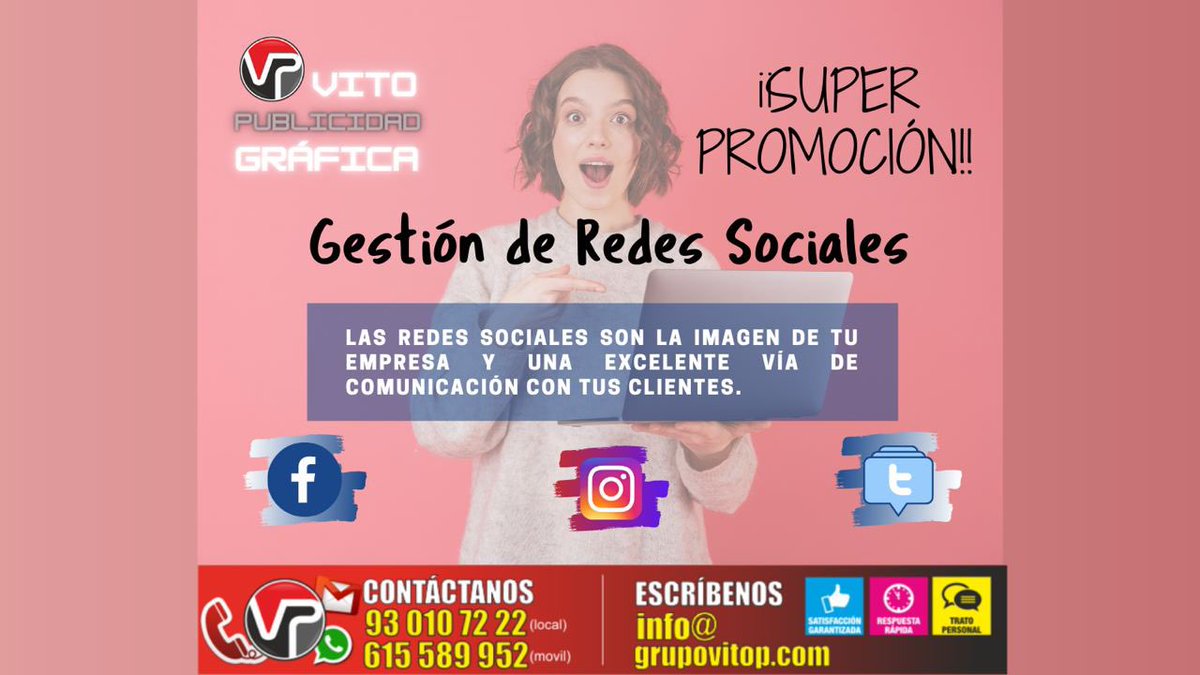 VitoPublicidad's tweet photo. AHORA TAMBIEN DISEÑAMOS Y GESTIONAMOS EL VALO DE TU MARCA EN LAS REDES!
¡LLEGA A MÁS PUBLICO, SE AMIGO DE TUS CLIENTES!
¡Contáctanos! 👇 💪
Pedidos y consultas al 615 589 952 ☎️ 📞 🤩
Vito Publicidad Gráfica
C/  Independencia 76 Local 2
08902 Plaza Europa (L´H) https://t.co/ilfbcXYUPH