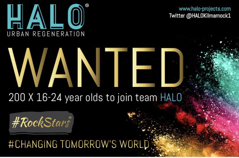 HALOKILMARNOCK1's tweet photo. Breaking News :- 
WANTED 200 x 16-24 year olds  @HALORockStars1 
Launched by  @MarieMacklin.
@UKGovScotland @DWP 
Awards £1.5M Kickstart grant to train/ employ @ HALO .
Read more from @MarieMacklin 
@iainastewart @UKGovScotland @SPRKeith @ScottishPower 
👇
https://t.co/Adk6Vrn2Bk https://t.co/0hGXWBMxbe