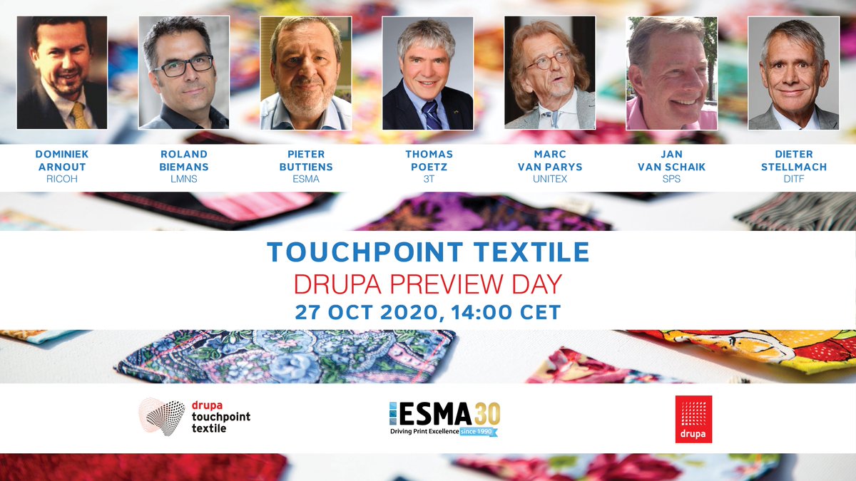 ESMA_Print's tweet photo. Tomorrow at this time (14:00 CET) we kick off the panel discussion on #textile #printing: markets, technologies, sustainability and new business models. Join us via https://t.co/3gjkd2EHBD https://t.co/IJPhrZjljy
