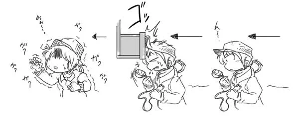 頭ぶつけたで思い出した。10年前にも落描きで描いてたけど、図のように額を歩行速度そのままにぶつけて崩れ落ちた事があった。あの時は瞬間的に意識がなくなってたと思う。頭は大事にせんとね、ホント。 