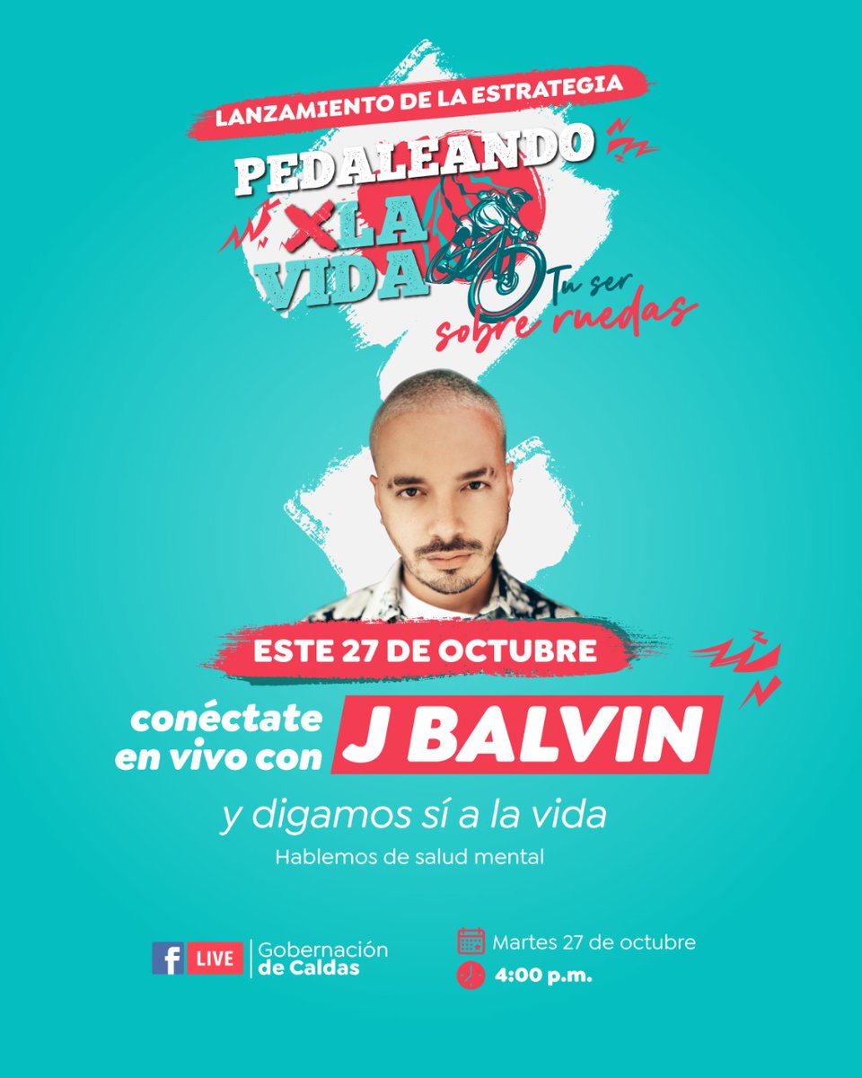 Te invitamos a pedalear por la vida, Este martes 27 de octubre en un gran encuentro de jóvenes para jóvenes, con el gran artista @JBALVIN
Escucharemos a nuestros jóvenes, hablaremos sobre suicidio y cómo encontrar ayuda en momentos difíciles.
#FacebookLive /GobernaciondeCaldas https://t.co/eX5Ont8cXw