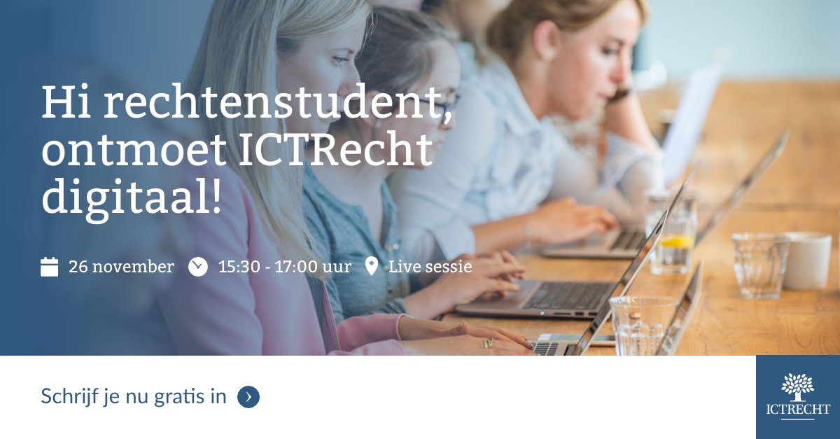 ictrecht's tweet photo. Volg jij een rechtenstudie op wo-masterniveau? En heb je affiniteit met ICT &amp; recht? Op 26 november geven we jou de kans om een (digitaal) kijkje te nemen in onze organisatie en bieden we je de gelegenheid om vragen te stellen. Ontmoeten we jou ook?  https://t.co/m0IWUaUH8z https://t.co/fsnEap682q