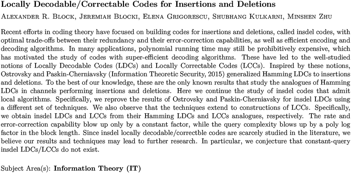 arxiv.org/abs/2010.11989…
A R Block et. al.
Locally Decodable/Correctable Codes for Insertions and Deletions
