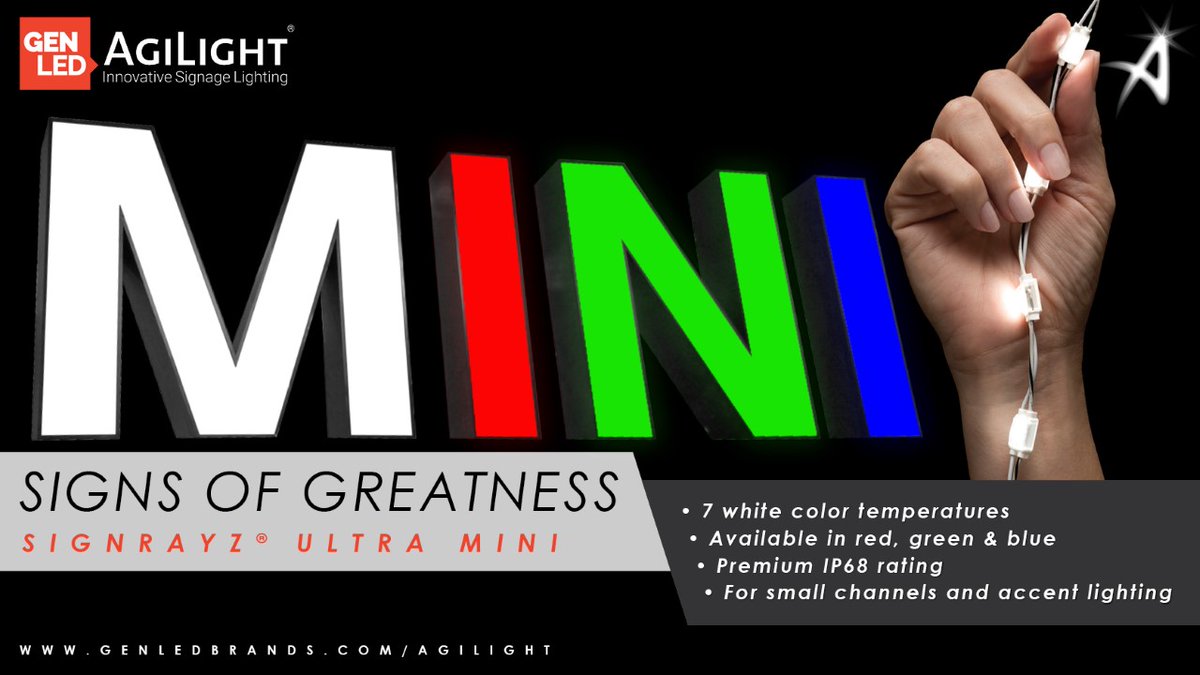 AgiLightLED's tweet photo. The SignRayz® ULTRA MINI offers premium signage lighting for the smallest channel letters!
#GENLEDAgiLight #AgiLight #LEDLighting #LEDs #signagelighting #signage https://t.co/aA6TYsFzdd