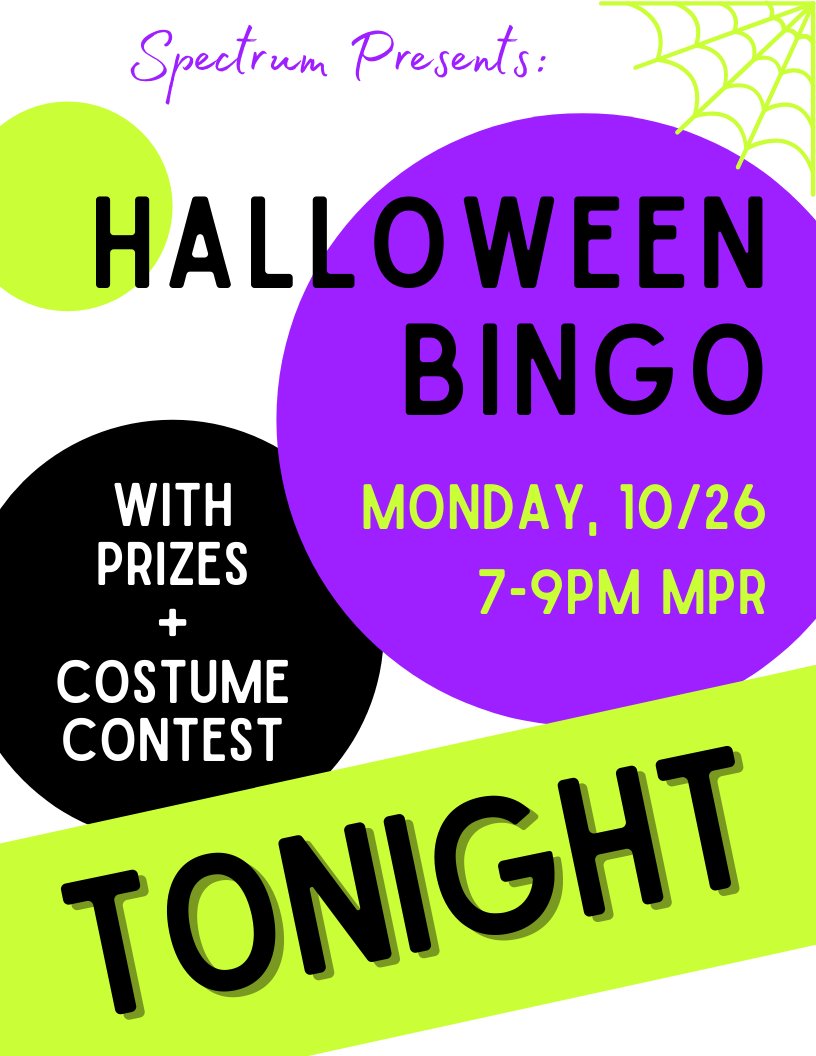SpectrumFred's tweet image. Reminder that bingo (with prizes) is tonight! And wear a costume for a chance to win one of three $25 giftcards 👀