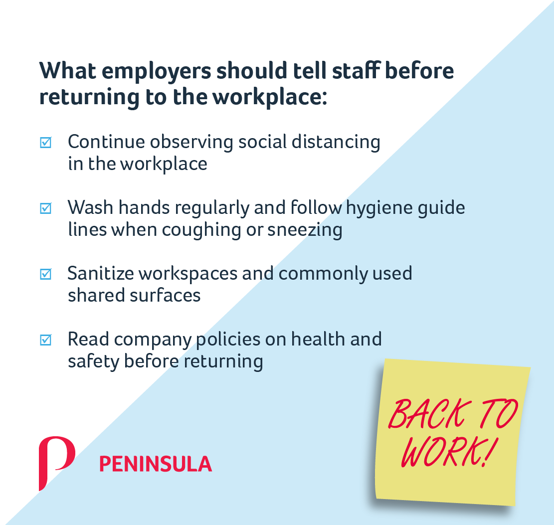 bsterngillet's tweet photo. Before your staff return to the workplace, make sure that they know how to follow health and safety and government guidelines correctly. For more information on your employer obligations, ask our advisors!

#SuccessStartsHere #PeninsulaCanada #covid19 #workplacesafety #hr #advice https://t.co/SFs2VRYOS5
