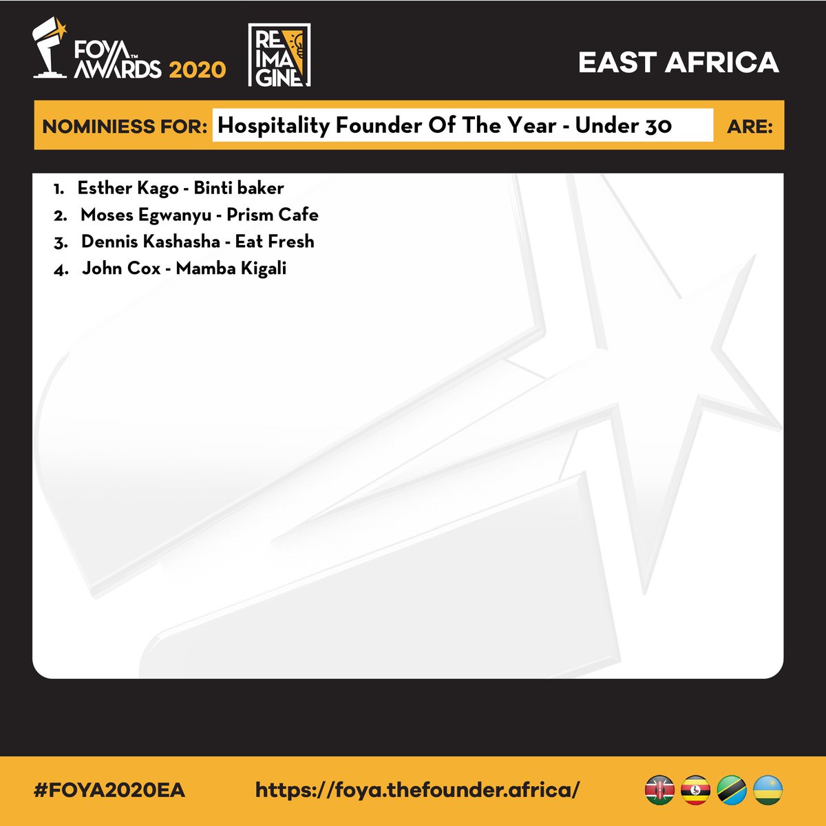 FoyaGlobal's tweet photo. Hospitality Founder of The Year Under 30 nominee East Africa, Esther Kago - Binti baker  @therealbinti_B Vote now https://t.co/jLA2erqy67 

#FOYA2020EA #MadeOfFounders #Kenya 🇰🇪 #Rwanda 🇷🇼 #Uganda 🇺🇬 #Tanzania 🇹🇿 https://t.co/ahOtVtxkvD