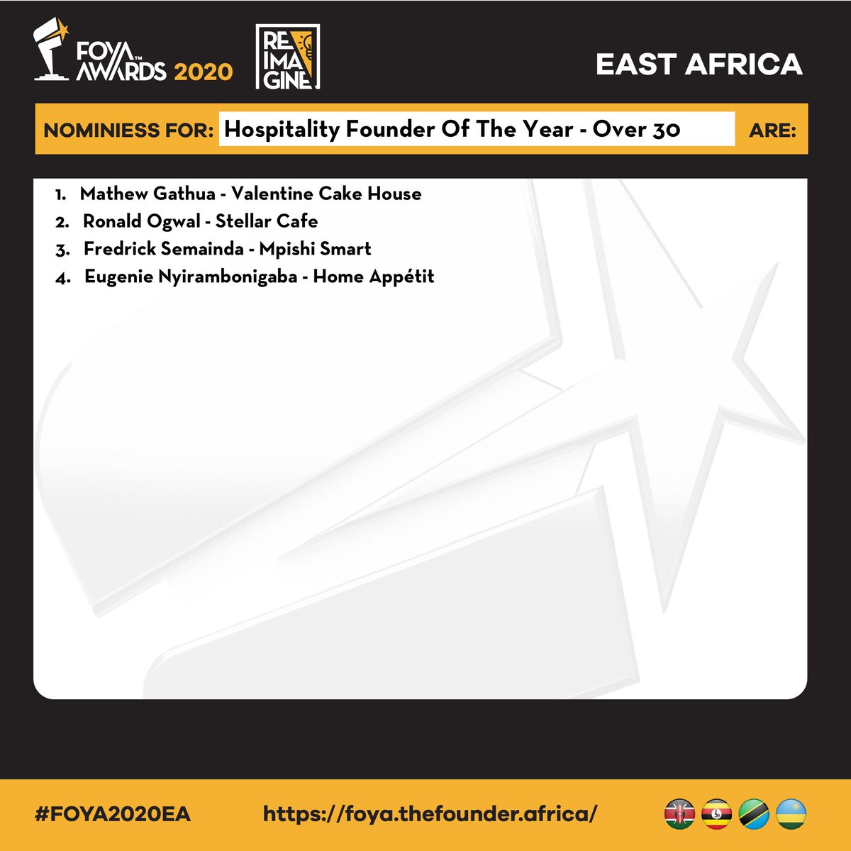 FoyaGlobal's tweet photo. Hospitality Founder of The Year Over 30 nominee East Africa, Eugenie Nyirambonigaba - Home Appétit @homeappetitkigali Vote now https://t.co/jLA2erqy67
 
#FOYA2020EA #MadeOfFounders #Kenya 🇰🇪 #Rwanda 🇷🇼 #Uganda 🇺🇬 #Tanzania 🇹🇿 https://t.co/JW8kfg7Jxs