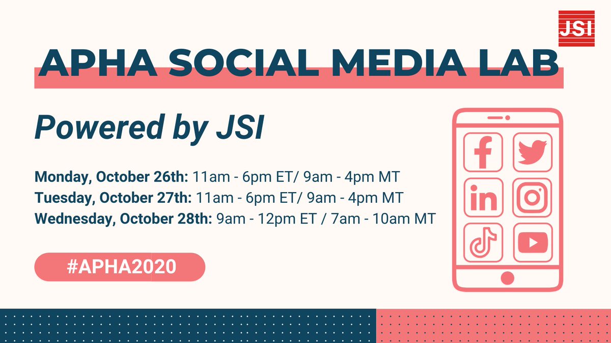 JSIhealth's tweet photo. Don't miss our annual Social Media Lab at #APHA2020! Sign up for a free, 1-on-1 training session w/ our #healthcommunication experts to learn best practices for using social media to advance public health. 

Register ASAP for an appt. on Mon, Tues or Weds: https://t.co/i7mZqPElnL https://t.co/DkBKqlKW68