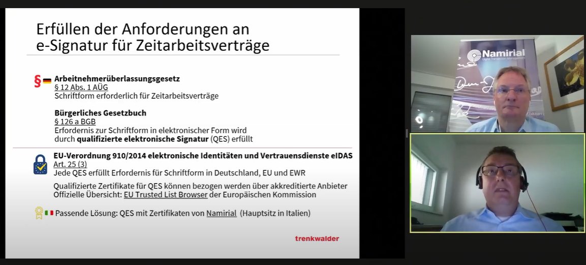 Joerg_Lenz's tweet photo. Vielen Dank an Christopher Trenkwalder von @TrenkwalderAT für die Vorstellung der Integration von @jobrouter @NamirialGroup für Prozesse im Personalwesen u.a. für #Verträge zur #Zeitarbeit konform zu #AÜG mit qual. #elektronischeSignatur #QES auf @Bitkom #eIDAS Summit #eIDAS20 https://t.co/G9tR4qmjgf