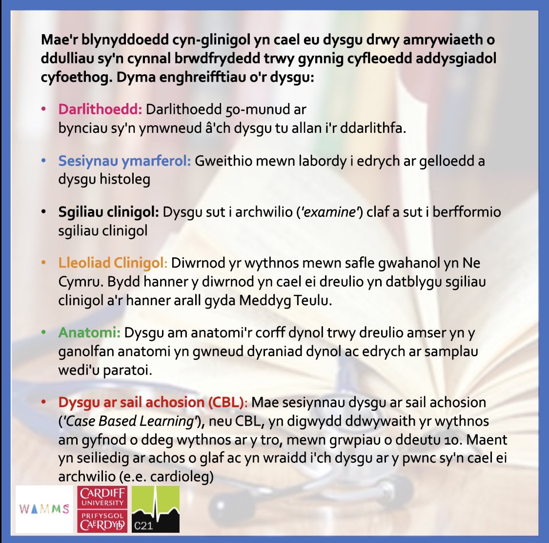 CU_WAMMS's tweet photo. This week we have our “day in the life of a medical student” series. This is more of a summary of each aspect of the course and we will go into more specific detail in future weeks. Today, find out more about the first 2 years of the Cardiff course. https://t.co/ZxhgzJ3nyE