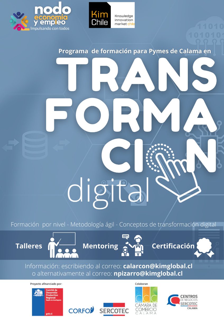 Hay que #reestructurar la empresa y adaptar el #ModeloDeNegocio para que se logre incorporar la #TransformaciónDigital en la cultura organizacional la. Si quieres que te ayudemos y eres de #Calama , escribe a calarcon@kimglobal.cl he inscríbete al proyecto #PAEIR <a href="/Corfo/">Corfo</a>