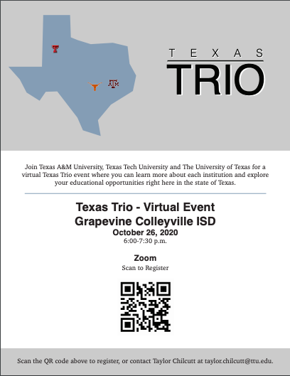 Do you want a chance to talk to A&amp;M, Texas Tech, and UT all at the same time?  

Check out the Texas Trio Event TONIGHT for GCISD students only!   Click the link below to register.  Once you register you will get a link to the zoom room.

ttu.secure.force.com/events/targetX…