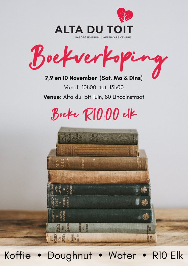 capestop's tweet photo. RT @AltaSorg1
Boekverkoping!
7,9 en 10 Nov (10h00 - 13h00) by #Altadutoitsentrum!
Ondersteun die sentrum deur 'n paar boeke te kom koop teen R10.00 elk!
Koffie, doughnuts en water sal ook beskikbaar wees teen R10.00 elk.
Ons hoop om julle daar te sien!
#altadutoit #altasorg https://t.co/ibJfjzi5t0