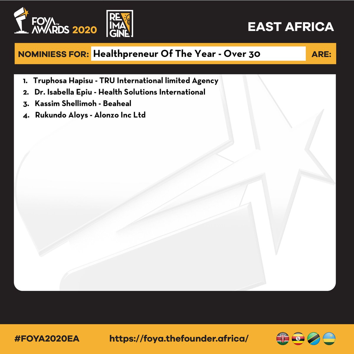 FoyaGlobal's tweet photo. Healthpreneur of The Year Over 30 nominee East Africa, Kassim Shellimoh - Beaheal @KShellimoh Vote now https://t.co/jLA2erqy67 

#FOYA2020EA #MadeOfFounders #Kenya 🇰🇪 #Rwanda 🇷🇼 #Uganda 🇺🇬 #Tanzania 🇹🇿 https://t.co/laysxfyNBO