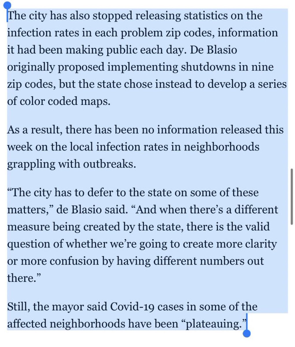 To do so, the city simply stopped releasing the same data that was used to trigger the second lockdown. No more positivity percentage for the 7-day rolling average can be found on city databases. Rather only a 28 day (!) average.  https://www.politico.com/states/new-york/city-hall/story/2020/10/15/de-blasio-pushes-back-against-cuomos-funding-threat-1325323