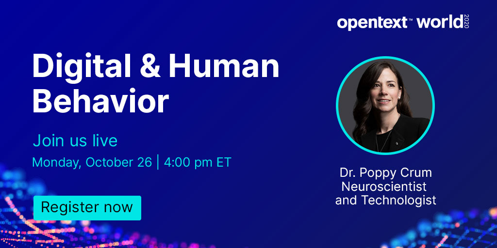 OpenText's tweet image. OpenText is excited to welcome neuroscientist and technologist Poppy Crum Ph.D. to #OpenTextWorld today at 4pm ET.
Still time to register here: bit.ly/3kufbiV