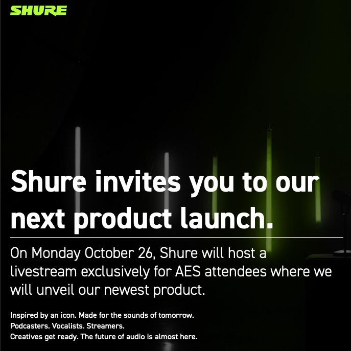 AESorg's tweet photo. Join AES Show Fall 2020 Convention Showcase Partner Shure today for a special announcement - https://t.co/Vu6D8BpdWq
#AESShow #AESorg #AudioEngineeringMonth #proaudio #audioengineer @shure https://t.co/RdolEbh0TM