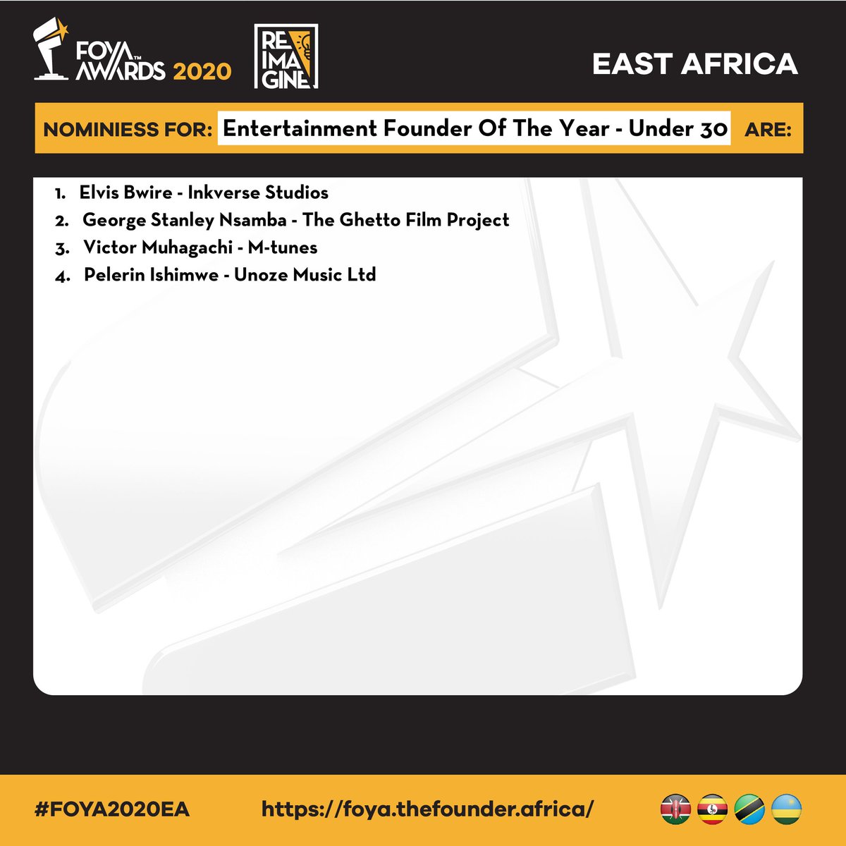 FoyaGlobal's tweet photo. Entertainment Founder of The Year Under 30 nominee East Africa, Elvis Bwire - Inkverse studios @inkversestudios Vote now https://t.co/jLA2erqy67 

#FOYA2020EA #MadeOfFounders #Kenya 🇰🇪 #Rwanda 🇷🇼 #Uganda 🇺🇬 #Tanzania 🇹🇿 https://t.co/hrqOdE8lSG