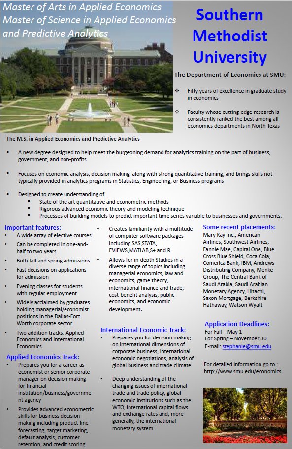 We are currently accepting applications for our master's programs in economics! In addition, @SMU undergrads should check out the accelerated program that potentially allows you to obtain a master's degree in less time and lower cost! #PonyUp catalog.smu.edu/preview_progra…