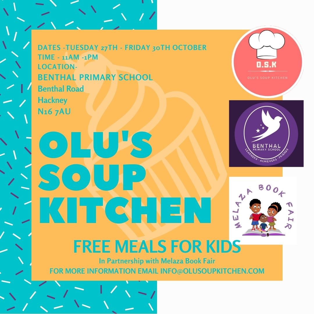 We are back and supporting our young ones❤️ 

<a href="/OluSoupKitchen/">OlusSoupKitchen</a> will be offering free meal packages in Hackney from tomorrow at 11am -1pm 

Thank you to <a href="/BenthalSchool/">Benthal Primary School</a> &amp; Melaza Book Fair <a href="/MelinaKazadi/">Melina</a> for making this happen ❤️🙌🏾