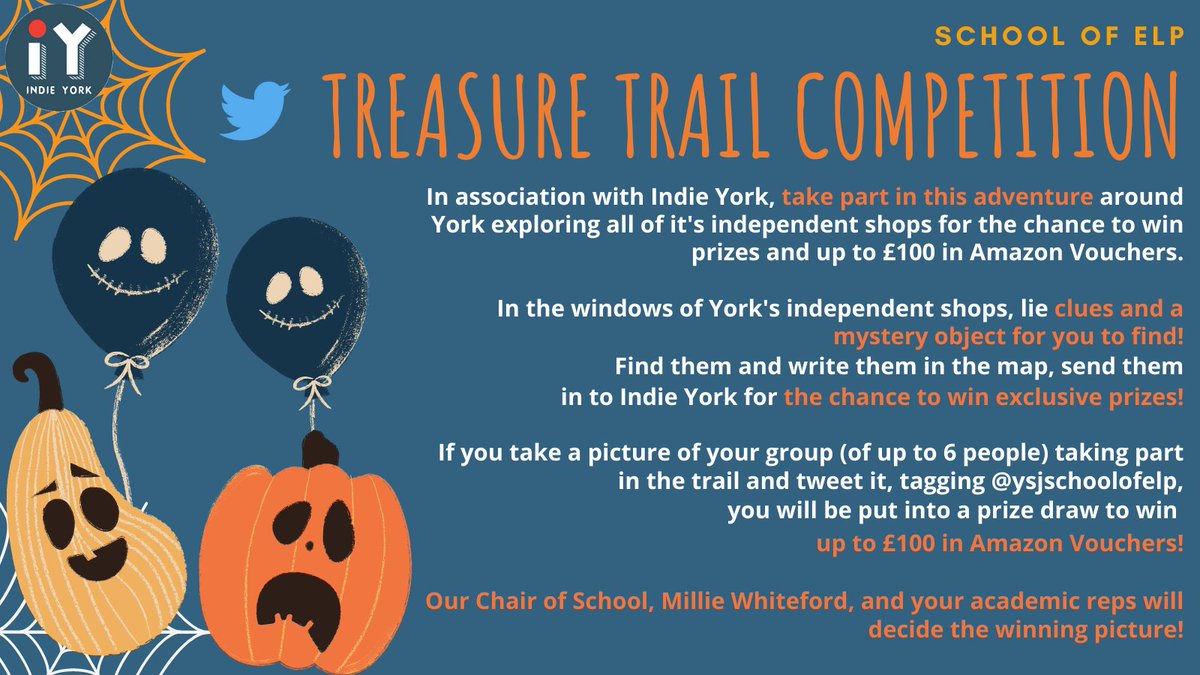 School of Education, Language and Psychology (@ysjschoolofelp) on Twitter photo Take part for a chance to win up to £100 in Amazon Vouchers!
<a href="/indieyorkmap/">Indie York</a> have launched their Treasure Trail where you can find clues and mystery objects in York's shop windows!
This is being held between Saturday 24th October - Sunday 1st November 2020. Take part for a chance to win up to £100 in Amazon Vouchers!
<a href="/indieyorkmap/">Indie York</a> have launched their Treasure Trail where you can find clues and mystery objects in York's shop windows!
This is being held between Saturday 24th October - Sunday 1st November 2020.