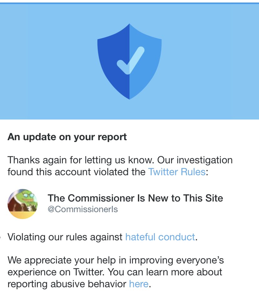 Deplatform_Hate's tweet photo. No. 74 @CommissionerIs, has been suspended. #DeplatformHate https://t.co/UTyLkhWf1b