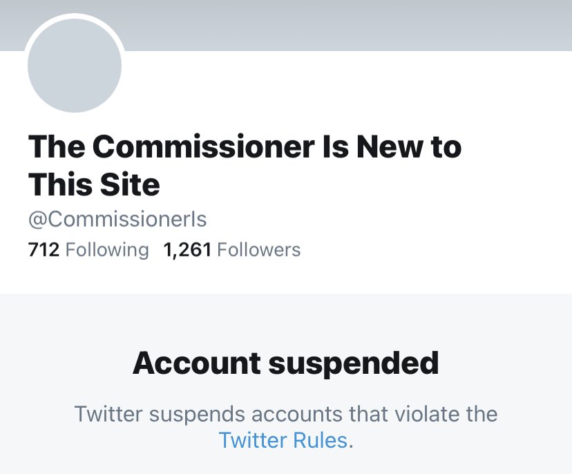 Deplatform_Hate's tweet photo. No. 74 @CommissionerIs, has been suspended. #DeplatformHate https://t.co/UTyLkhWf1b