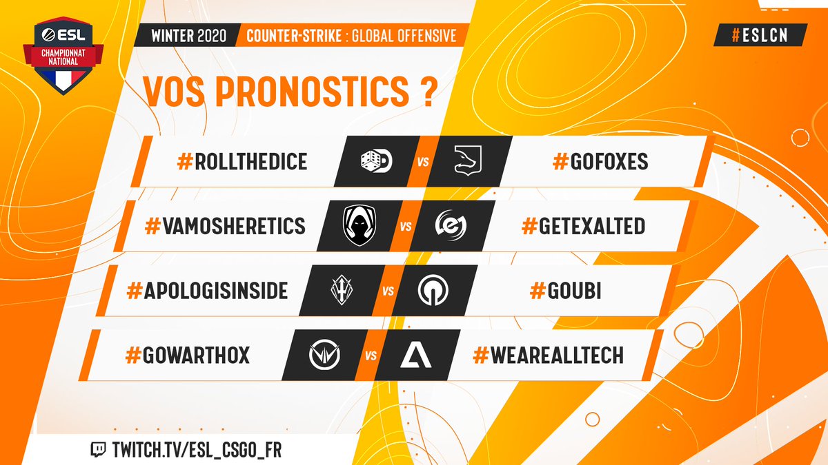 ESLFrance's tweet photo. 🚨 Derrière session de pronostics #ESLCN CS:GO

Quelles équipes remporteront leur dernier match demain ? 
Supportez vos favoris en réponse ↩️
#GoFoxes ou #RollTheDice
#VamosHeretics ou #GetExalted
#ApologisInside ou #GOUBI
#GOWARTHOX ou #WeAreAlltech

A vos pronos 📝 https://t.co/NKfA8LYLOr