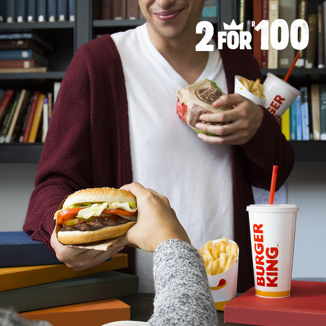 BurgerKingZA's tweet photo. Worried about what's for dinner? We've got you covered with our all time favourite deal #2for100. Available at all BK stores ๐ฅ๐ฅ๐ฅ https://t.co/t6MlX4Ffol