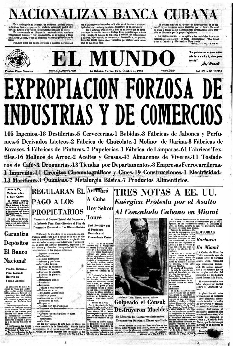 In June 1960, the Cuban newspaper El Mundo published a list of almost 1,500 people whose assets had been confiscated by the newly created Ministry for the Recovery of Stolen Property.