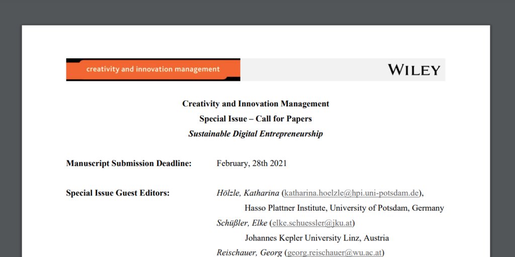 What makes for #sustainable #digital #entrepreneurship? 🌍📢 See the recent CfP by @ElkeSchuessler and @greischauer (<a href="/jkulinz/">JKU - Johannes Kepler Universität Linz</a>) with @khoelzle, <a href="/RobertRose87/">Robert Rose</a>, and <a href="/valeska_Maul/">Valeska Maul</a> (<a href="/HPI_DE/">Hasso-Plattner-Institut</a>). We're looking forward to inspiring submissions!📜onlinelibrary.wiley.com/pb-assets/asse…