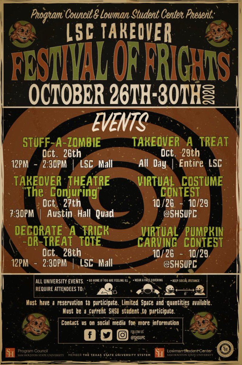 It’s LSC TAKEOVER week! 👻🎃 Here is this weeks calendar of 𝕤𝕡𝕠𝕠𝕜𝕪 events! Follow <a href="/shsupc/">Program Council</a> for more info! #SHSU #LSCTakeover #SpookySeason