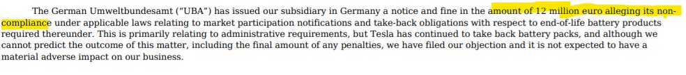 par for the course, another $12mm fine from an authority for "non-compliance under applicable laws", this time German. $TSLA, of course, did not take a financial hit in the Q for its law-breaking.10/