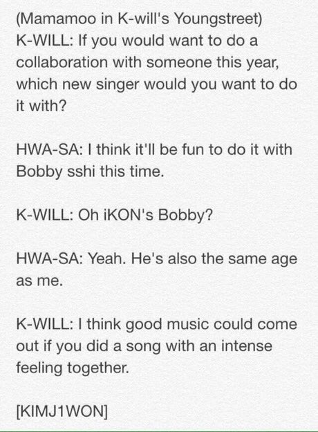 Hwasa from Mamamoo said she wants to do a collab with Bobby.(c) ikonupdates #iKON  #아이콘  @YG_iKONIC