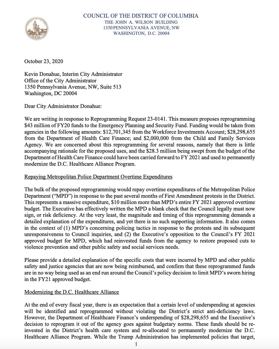 THREAD: I’ve joined my colleagues in requesting a full explanation for Reprogramming Request 23-141. Here’s what we know: the bulk of the reprogramming $$ will be used to repay overtime costs for MPD - $10M more than the entire approved overtime budget for FY21. (1/5)