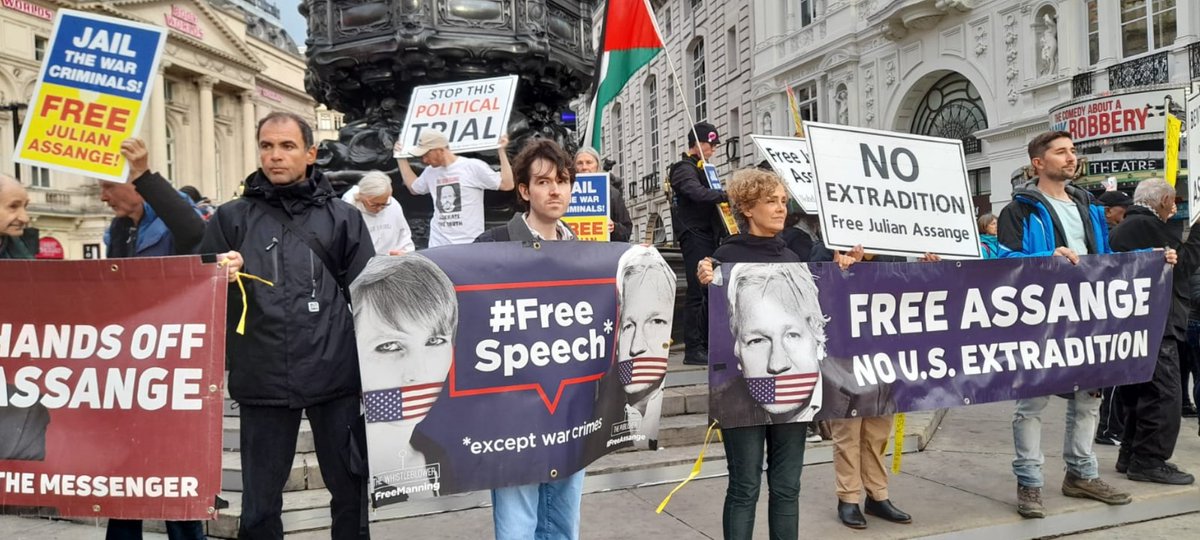 BritnyTownsend's tweet photo. please join the protest taking place today in support of the journalist, tortured by the UK, illegally imprisoned, held in solitary confinement in the UK. Only crime: Telling the truth. R. #freethetruth https://t.co/GXg948PNPW