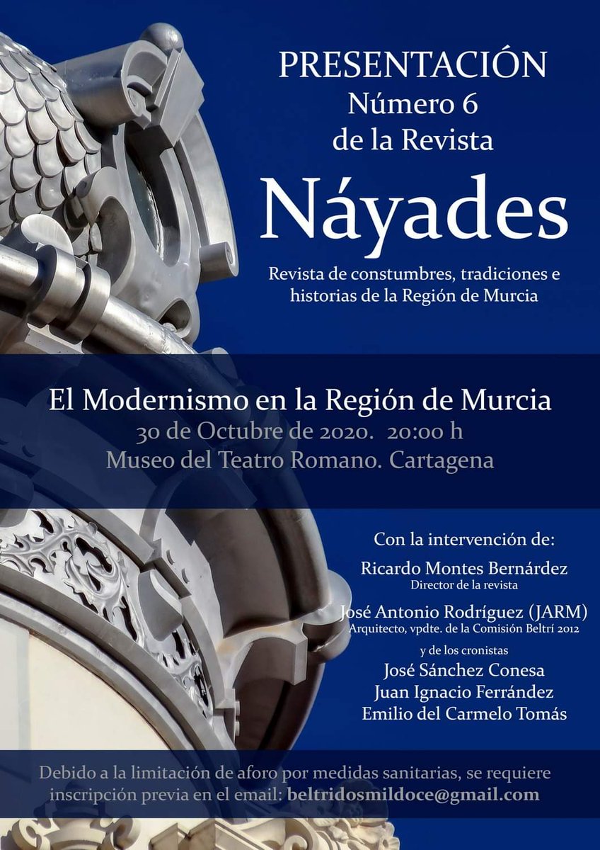 Beltri2012's tweet photo. El próximo viernes 30 de octubre, a las 20:00h se presenta el número 6 la revista Náyades, revista dedicada a las costumbres, tradiciones e historias de la Región de Murcia. 

Este nuevo número está dedicado al 𝗠𝗼𝗱𝗲𝗿𝗻𝗶𝘀𝗺𝗼 𝗲𝗻 𝗹𝗮 𝗥𝗲𝗴𝗶𝗼́𝗻 𝗱𝗲 𝗠𝘂𝗿𝗰𝗶𝗮 https://t.co/UEOIW3WUn8