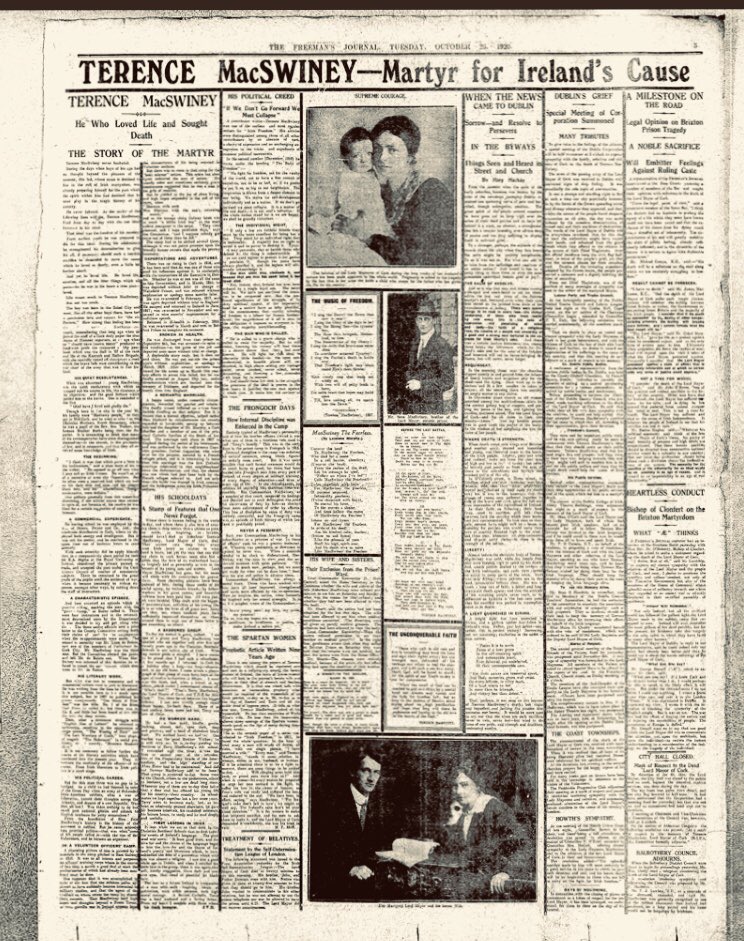 Original Internal page of Freeman’s Journal #OnThisDay 1920, carrying reports of death of #MacSwiney &amp; photograph of his widow Muriel &amp; daughter Máire #museum #archive #MacSwiney100