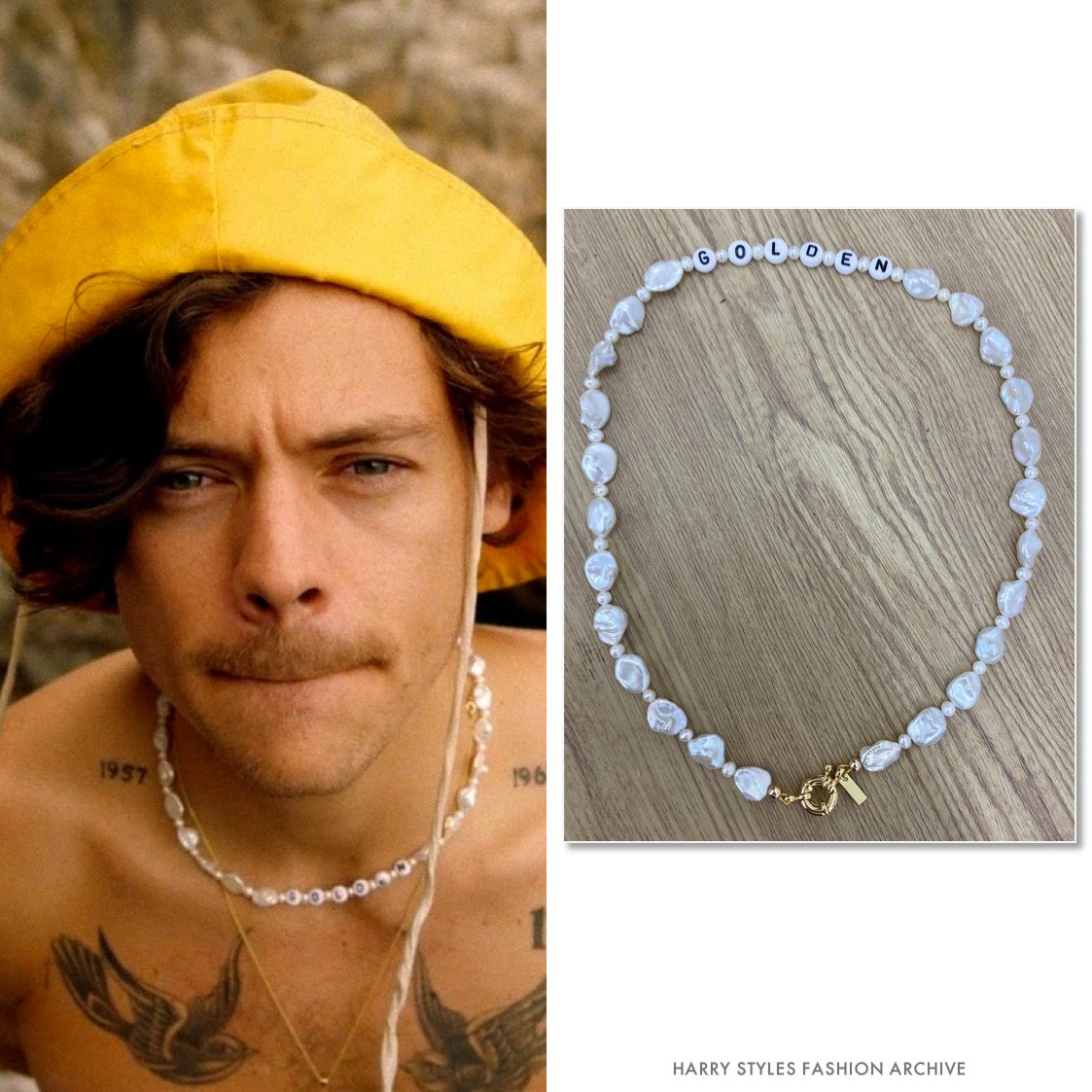 Harry Styles Fashion Archive on X: Harry wore an Eliou 'All The Feels'  pearl necklace ($165), customized with the word GOLDEN, in a Golden music  video promo shot. All of these necklaces
