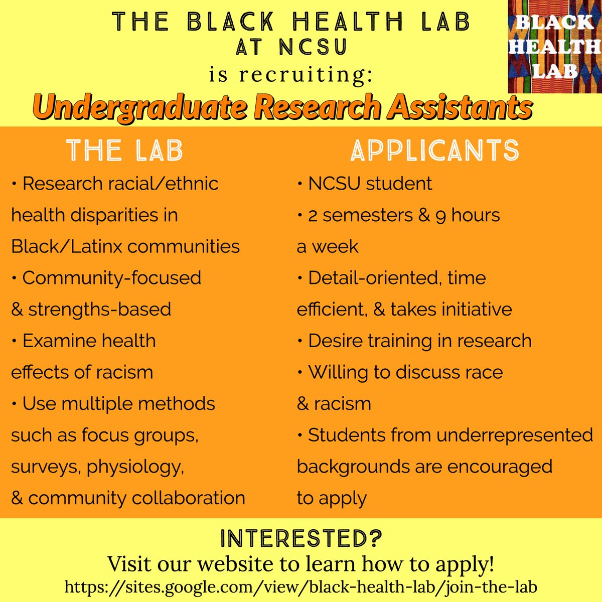 BlackHealthLab's tweet photo. 📢We're expanding! The Black Health Lab is recruiting @NCState undergrad students to be part of the lab! Applicants from any major are welcome to apply. BIPOC and other underrepresented groups are highly encouraged to apply. Learn more below! https://t.co/vNQnu17kua