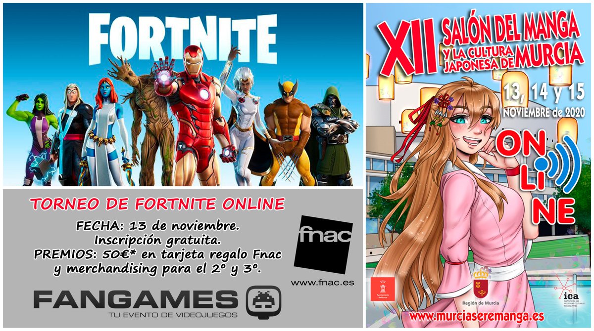 ¡Abrimos inscripciones del torneo de #Fortnite del <a href="/MurciasereManga/">Yomeremango</a> Online 2020! ⛏️

🗓️ 13 de noviembre.

🥇 50€*en tarjeta regalo Fnac.

👕Merchandising para el 2º y 3er puesto.

Inscripción gratuita: forms.gle/yk84H8LgoPrmmS…

Normativa: drive.google.com/file/d/1wzRWcF…