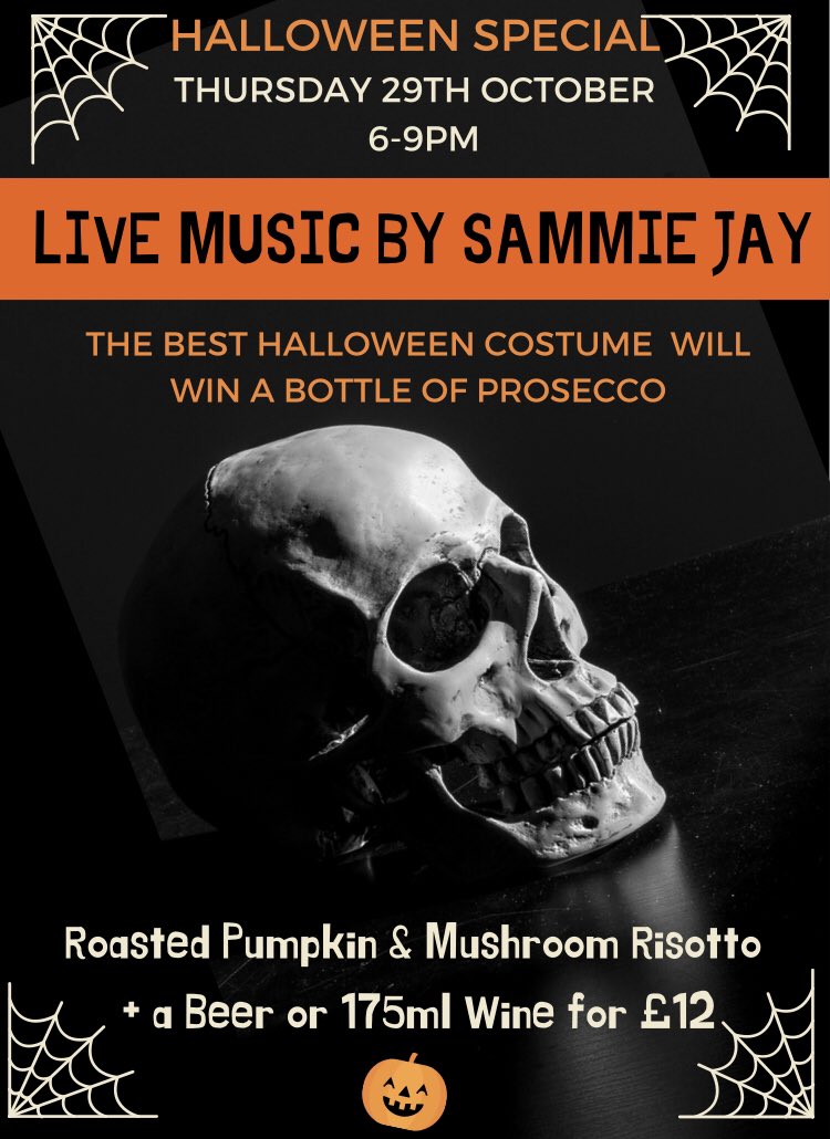 This week we’re looking forward to a spooktacular performance by <a href="/sammiejaymusic/">sammie Jay</a> 

🎃 special; roasted pumpkin &amp; mushroom risotto with a wine or beer for £12

🍾 win! A bottle of Prosecco for the best Halloween costume 👻

🧟‍♀️ Thursday 29th October, 6-9pm

#livemusic #halloween