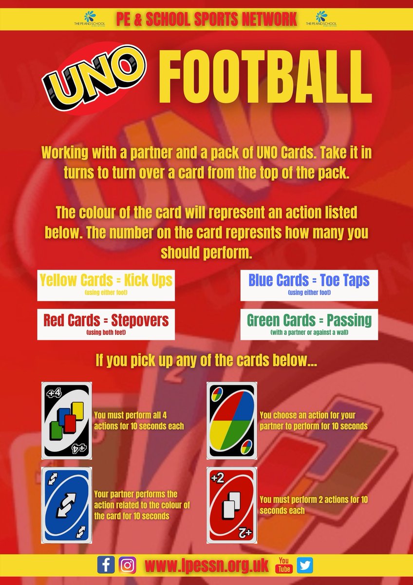 LPESSN's tweet photo. 🚨UNO FOOTBALL🚨
Perfect game to use as an arrival activity. All you need is a partner✅, a football ✅ and a pack of UNO cards✅.
#newresource #getmoving #UNO #football #arrivalactivity
@UnitedSport1 @ActiveSouthwark @YouthSportTrust https://t.co/tjjtNuWgjK