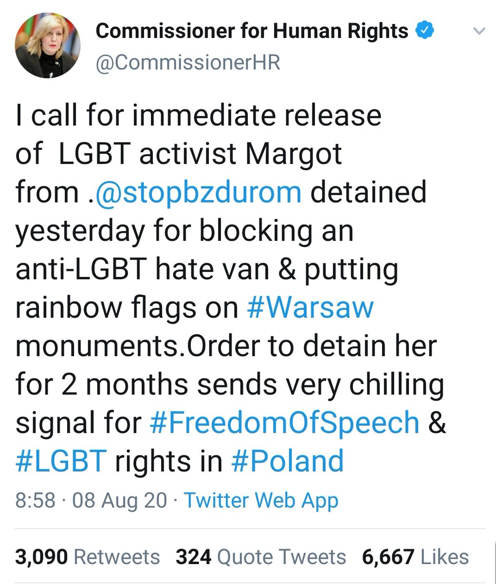 Where Mijatovic gets sinister however is that her tweets aimed at Poland are followed almost always immediately by acts of organised violence, as though her tweets are timed to justify them For example, in August this year during a spate of anti Catholic attacks in Poland
